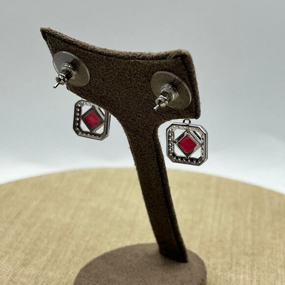 lab created ruby and CZ art deco dangle pierced Earrings - Picture 7 of 8